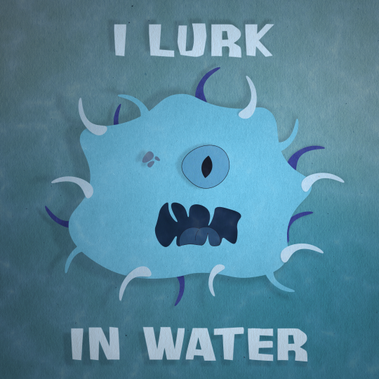 A blue amoeba in a water background with the words 