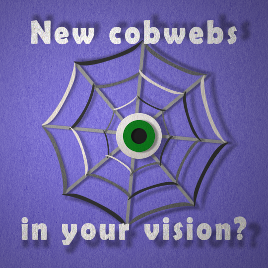 A craft paper scene of a cobweb with an eyeball in the centre. The words A craft paper scene of a cobweb with an eyeball in the centre. The words