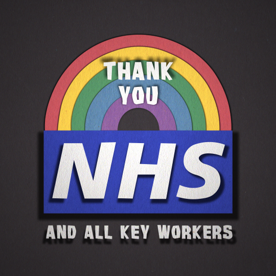 Thank You NHS & All Keyworkers - A rainbow over the NHS logo on a black background