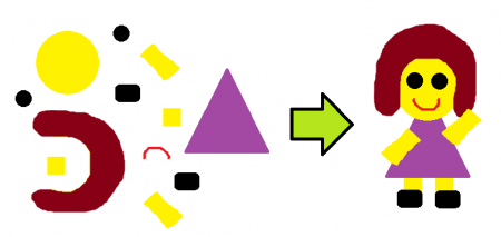 A selection of multicoloured shapes on the left with the shapes making up an image of a girl on the right