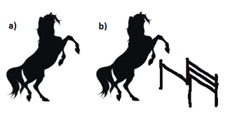 Image a), left, looks at a horse rearing without context. Image b), right, looks at a the same silhouette of a horse but next to some horse jumps, indicating the horse is jumping.