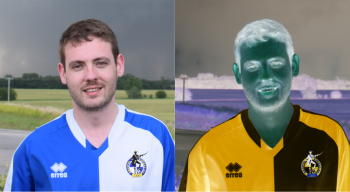 Left: A photograph of Jason in Bristol Rovers football shirt stood in front of a storm. Right: The same photograph but the colours have been inversed. Jason's face is harder to recognise in the right photograph.