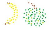 Yellow and brown dots close together form the shape of a banana on the left and green and brown dots form the shape of an apple and stalk on the right