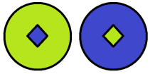 Left: A lime green circle with a blue diamond in the centre. Right: A blue circle with a green diamond in centre.