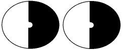 Two circles split down the centre with the left side being white and the right side being black, the white indicating what a person can see. There is a small central white area that eats into the black area, this is the macular sparing. 