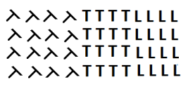 Left: 16 T shapes slanting 45 degrees to the right. Centre: 16 T shapes at normal orientation. Left: 16 L shapes at normal orientation. A biggerdifference is noted between the sloping Ts and the rest of the image, with Ls and Ts appearing almost identical