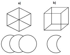 side a has a hexagon with all opposite vertices linked forming a shape that could be perceived in b) as a different view of a wireframe cube