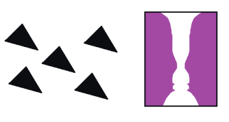 Image on the left show 5 black triangles forming a shape, on the tight a white vase silhouetted on a pink background. This background could also be perceived as two purple silhouette people about to kiss 