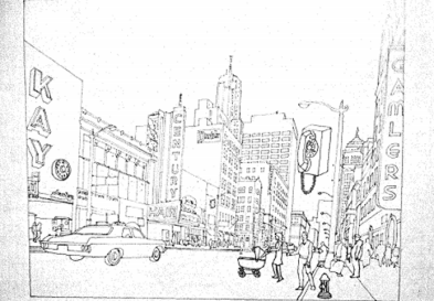 A sketch of a busy street with doodles of old-style telephones placed in different areas to demonstrate Biedermann's findings