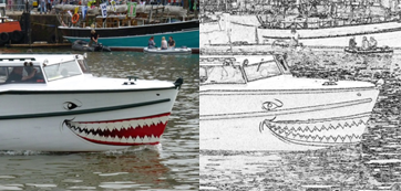 Left: A photograph of a shark face on a boat. Right: A sketch of the smae image locating the edges following a Laplacian of Gaussian operator being applied to it.